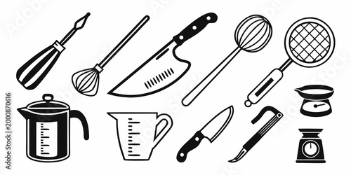 Professional kitchen utensils set including whisks graters knives and cooking tools with utensils culinary preparation implement cookingware kitchenware equipment household homecooking