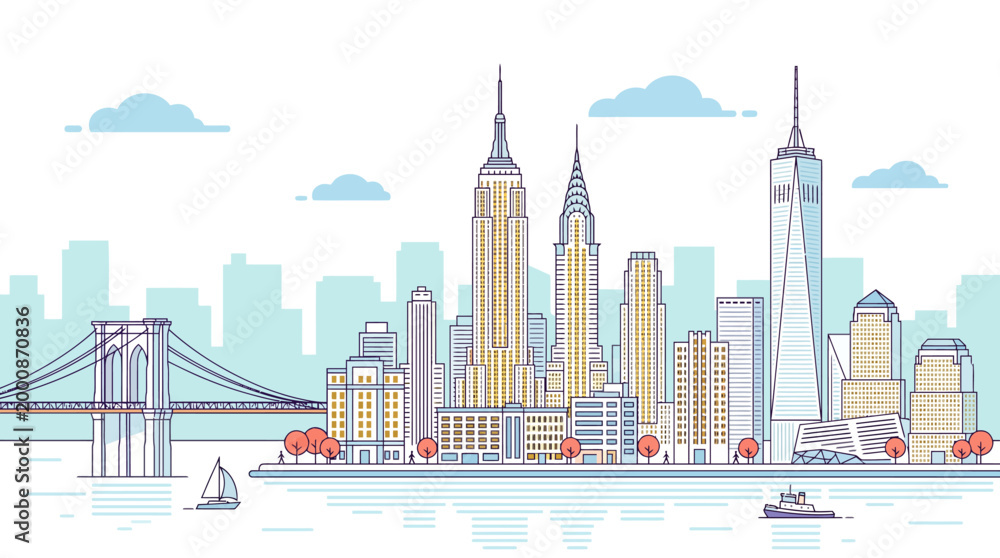 Obraz premium Vibrant cityscape illustration showcasing iconic architectural landmarks and a bridge across a body of water