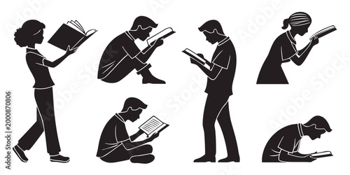 People reading books silhouette icons for education and learning concepts with education learning silhouette knowledge university literature intellectual academic bookworm concentration