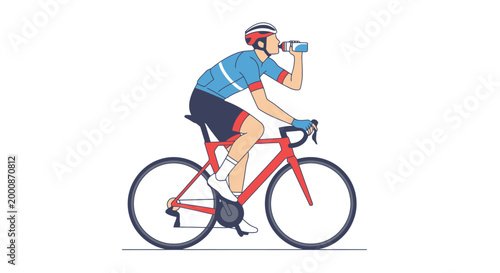 A male cyclist wearing a helmet and cycling attire takes a hydration break while riding a red bicycle on a plain surface demonstrating active lifestyle and endurance training during outdoor