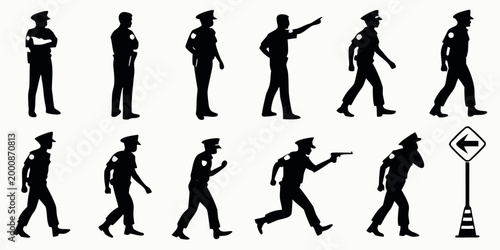 Police officer silhouette icons set for security and law enforcement concepts with silhouette security enforcement protection policeman authority detective investigation pointing collection