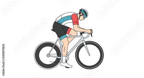 Athletic cyclist wearing cycling attire and helmet leans forward into an aerodynamic position while riding a road bicycle on a bright day showcasing bicycle racing speed and fitness