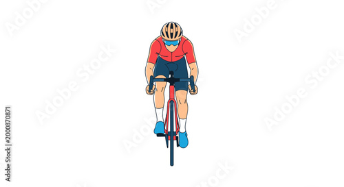 Professional male cyclist riding cycle race actively on road wearing helmet sunglasses cycling jersey shorts and shoes prepared for athletic competition on clear day with focus on sport and