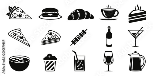 Set of black and white food and drink icons with ice cream french fries croissant cocktail beverage illustration restaurant culinary collection breakfast appetizer refreshment monochrome