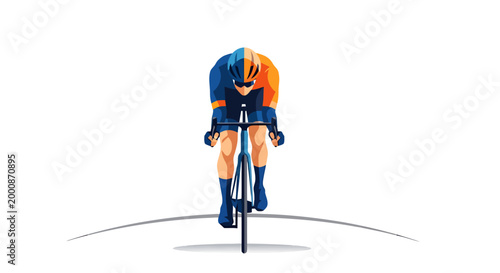 A single cyclist in aerodynamic position on a road bicycle races forward intensely during a competitive cycling event showing determination and athletic prowess on a clear surface representing