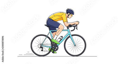 Fit person in cycling attire and helmet rides a road bicycle on a course with a dynamic posture showcasing speed and athletic performance during outdoor recreational activity and endurance
