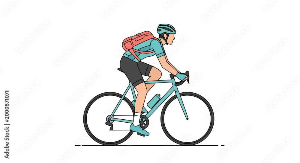 Fototapeta premium A person wearing a helmet and backpack rides a bicycle on a road during the daytime enjoying an outdoor sport and healthy lifestyle activity on a clear path with a water bottle attached to the