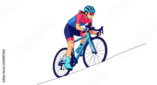 A determined female cyclist propels her bicycle up a steep incline showcasing athletic prowess and the exhilaration of outdoor cycling sport perfect for promoting active lifestyles and healthy