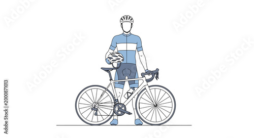 A person in cycling attire stands next to a racing bicycle wearing a helmet ready for a road cycling adventure highlighting athletic transport and healthy outdoor recreation pursuits with a