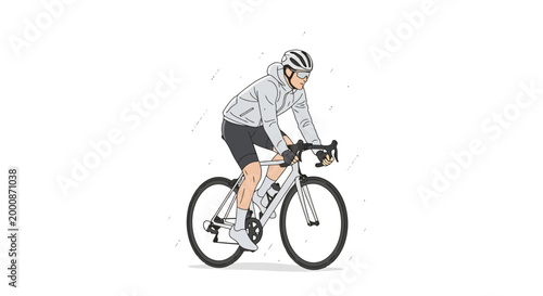 A person wearing cycling attire and helmet rides a road bicycle on a bright day demonstrating active outdoor recreation and athleticism with a focus on healthy living and cardiovascular fitness