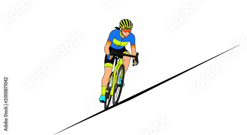 Athletic female cyclist with protective eyewear and vibrant sportswear races downhill on a sleek bicycle along a steep incline showcasing a dynamic pursuit of speed and athletic prowess in a
