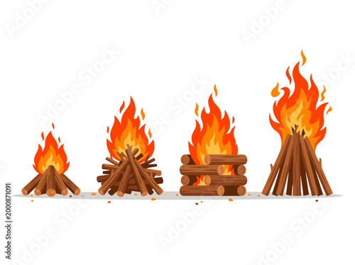 Progression of a Campfire Burning Brightly. A visually appealing depiction of a campfire showcasing different stages of burning, from the initial spark to a blazing inferno. 