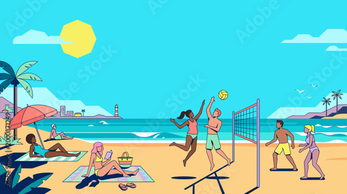 Beachgoers enjoy a sunny day at the seashore, playing volleyball and sunbathing under a bright sky. A picturesque view of the ocean, a volleyball match.