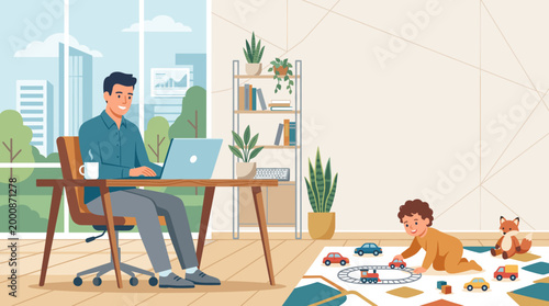 A man working on a laptop while his child is playing with toy car in a home office