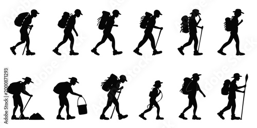 Set of adventure hiking silhouettes showing travelers with backpacks in various poses adventure backpack trekking backpacker mountain outdoors exploration climbing expedition backpacking