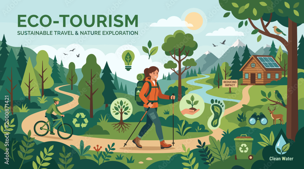 Naklejka premium Eco-tourism concept with a person exploring the nature and environment, eco-friendly. The illustration highlights themes of sustainable travel, nature, exploration and renewable energy