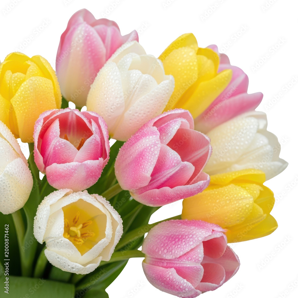 vibrant mixed tulip bouquet with pink yellow and white flowers isolated on transparent background