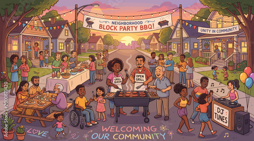 A vibrant block party BBQ scene depicting unity and community, with people gathered, celebrating and enjoying the festivities.