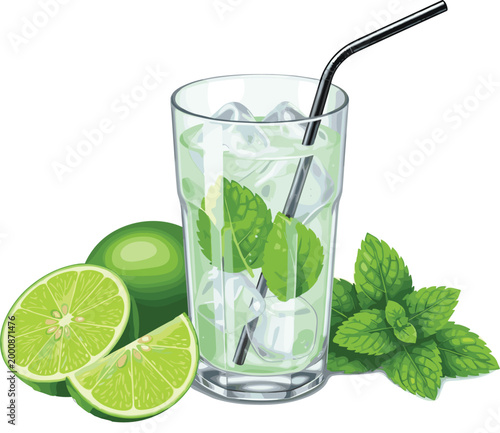 Fresh Mojito Cocktail Illustration with Lime Mint Ice Cubes and Glass Beverage Vector Design for Summer Drink Menu Bar and Refreshing Recipes