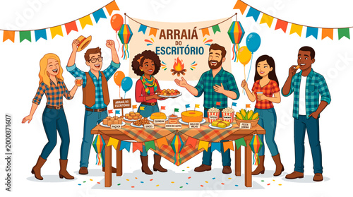 Office party with a diverse group of people gathering around a table of food. It is a festive scene, decorated with colorful banners and balloons, creating a lively and joyful atmosphere.