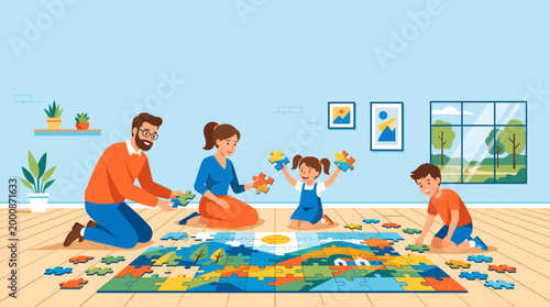 A family is happily working on a puzzle together at home. The colorful puzzle is spread out on the floor, and the family members are focused on putting the pieces together