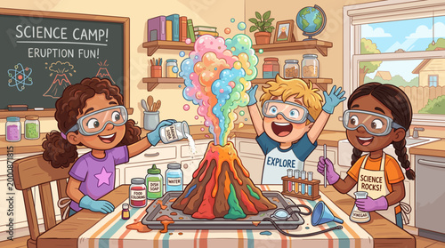 Young scientists conduct a science experiment to create colorful eruption fun
