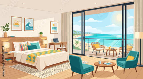 A bright and airy hotel room with a beautiful ocean view, showcasing a bed, seating area, and balcony