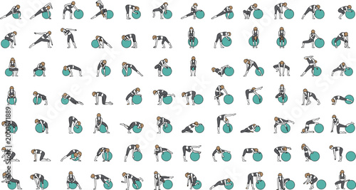 Stability Ball Exercise Poses Collection Fitness Workout Training Routine Vector Illustration Set