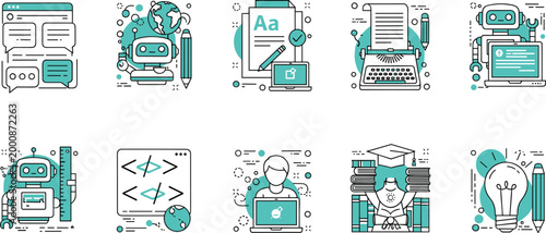Artificial Intelligence Education and Content Creation Technology Icon Set with Chatbot Writing Coding and Learning Concepts Vector Illustration