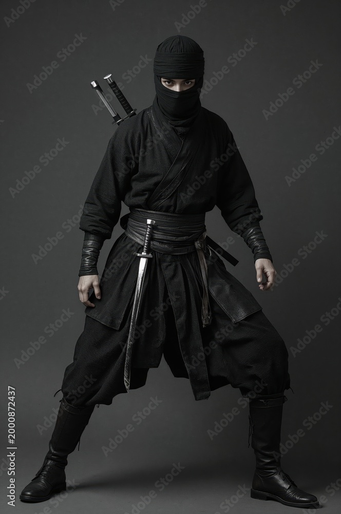 Obraz premium Wrapped warrior with blades in samurai era black white portrait