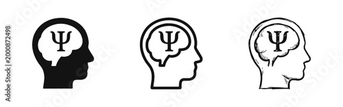 Psychology Icon Set - Human Head with Brain and Psi Symbol in Solid, Outline, and Hand-Drawn Styles