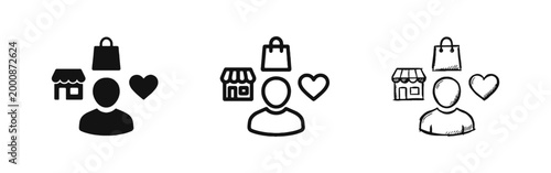 Customer Behavior Icon Set - Person with Shopping Bag, Store and Heart Icons in Solid, Outline and Sketch Styles