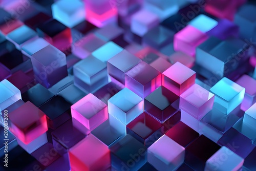 Abstract background of glowing translucent glass cubes in neon blue and purple colors arranged in grid pattern representing big data and block chain technology for digital infrastructure art