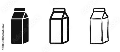 Milk Carton Icon Set - Beverage Packaging Box in Solid, Outline, and Hand-Drawn Styles