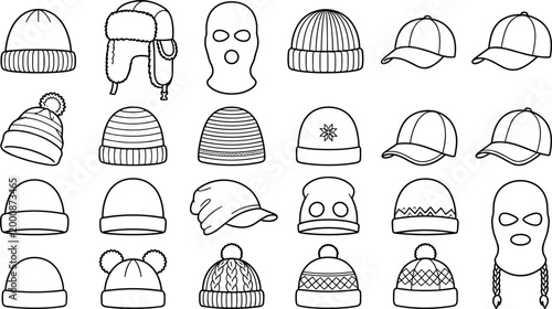 Winter hats and caps collection with beanies balaclavas and headwear styles representing cold weather fashion and seasonal clothing accessories set