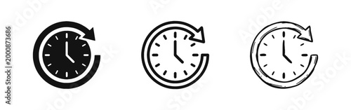 Time Clock Icon Set - Clock Face with History Arrow in Solid, Outline, and Hand-Drawn Styles
