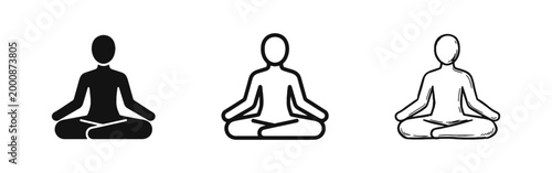 Meditation Icon Set - Person in Yoga Pose in Solid, Outline, and Hand-Drawn Styles