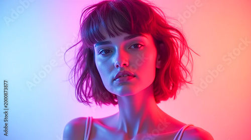 young woman with vibrant neon makeup in futuristic gradient lighting portrait