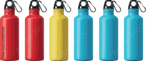 Set of 6 Vector Illustrations of Red, Yellow, and Blue Water Bottles with Carabiner Hooks for Websites, Apps, and E-commerce Designs