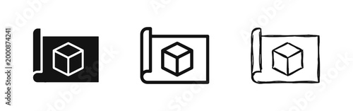 Project Blueprint Icons Set with 3D Cube in Solid Outline and Hand Drawn Styles