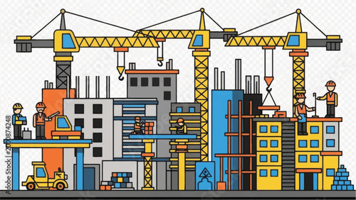 Hand-Drawn Doodle Illustration of a Busy City Construction Site. Urban Development, Real Estate, and Industrial Growth Concept.