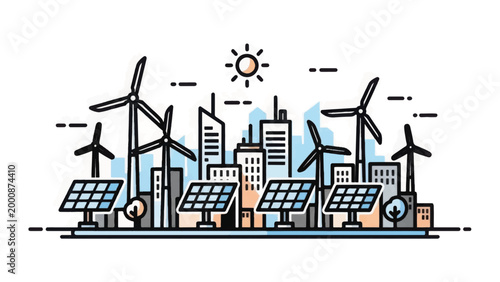 Sustainable Smart City Illustration with Wind Turbines and Solar Panels. Renewable Energy Technology in Modern Urban Landscape Vector.