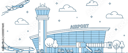 Modern Airport Terminal Building with Control Tower Airplanes Runway Travel Transportation Vector Illustration