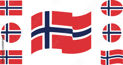 Set of norway flags in various shapes and styles isolated on white background