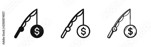 Fishing for Money Icons Set with Dollar Coin in Solid Outline and Hand Drawn Styles