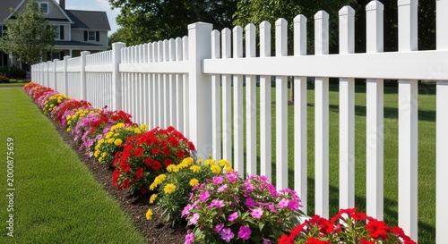 White vinyl picket fence with vibrant blooming flowers and lush green grass in a beautiful garden setting
