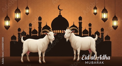 Two goats with mosque for eid al adha celebration