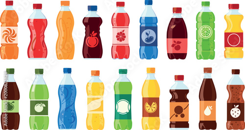 Set of Beverage Bottles with Different Flavors and Designs, Vector Illustration for Websites, Apps, and Digital Media Projects