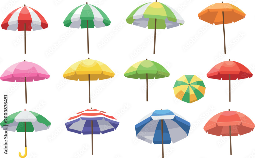 Obraz premium Set of Colorful Beach Umbrellas with Various Patterns and Designs for Summer, Vector Illustration for Websites, Apps, and Digital Media Projects