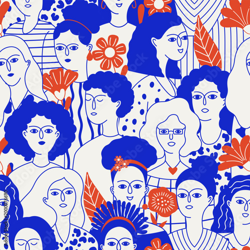 Seamless pattern with diverse women portraits and floral elements in a modern flat vector style.